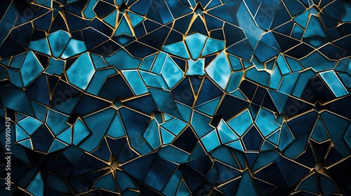 3d render, abstract geometric background, blue and gold polygonal mosaic pattern