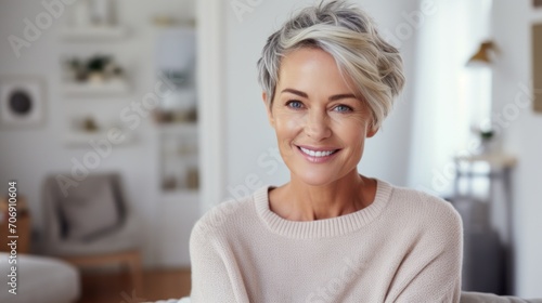 Portrait of a beautiful smiling 50 year old woman with a short haircut wearing warm cozy jumper sitting in living room  smiling at camera  copy space.