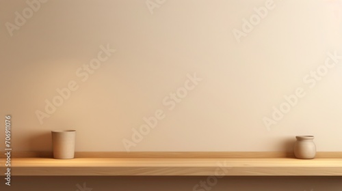 beige background for presentation with a wooden shelf on the wall