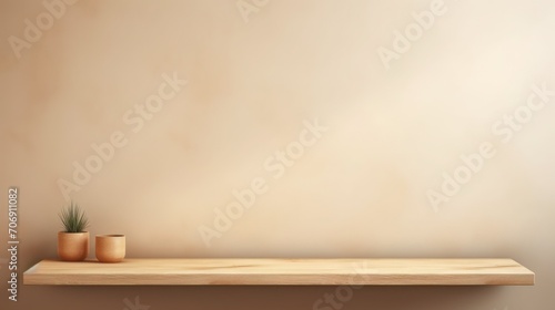 beige background for presentation with a wooden shelf on the wall