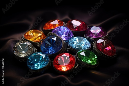 Jewel on black shine color, Collection of many different natural gemstones amethyst, lapis lazuli, rose quartz, citrine, ruby, amazonite, moonstone, labradorite, chalcedony, blue topaz