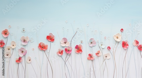 tulips and daffodils on a blue background, fresh flowers with stems on blue background in spring