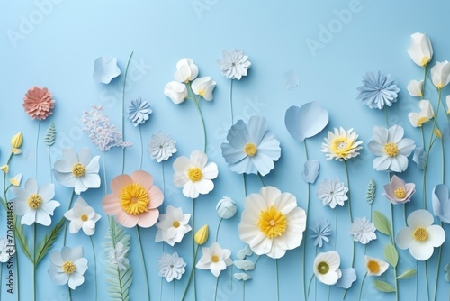 tulips and daffodils on a blue background, fresh flowers with stems on blue background in spring