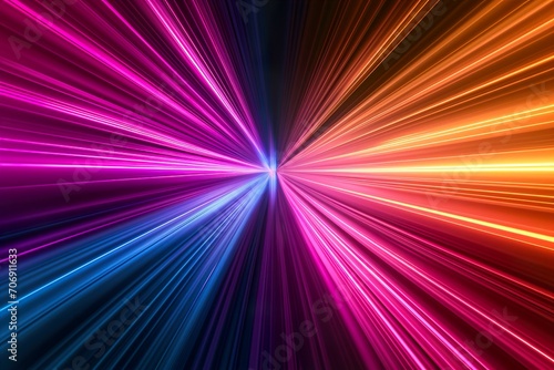 Abstract dark background of light with stripes of colourful rays moving from the center