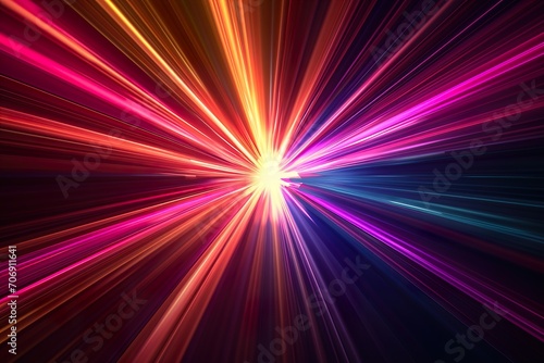 Abstract dark background of light with stripes of colourful rays moving from the center
