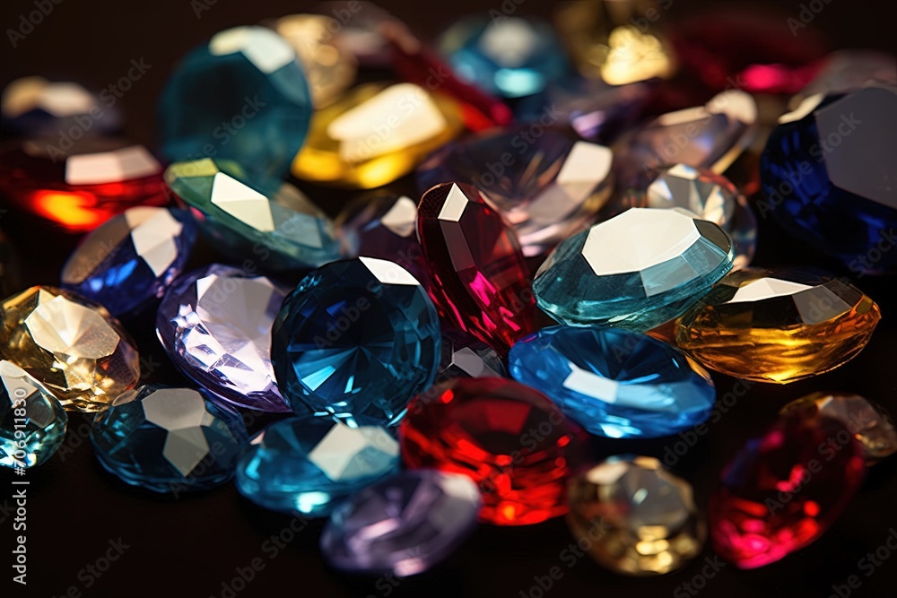 Jewel on black shine color, Collection of many different natural gemstones amethyst, lapis lazuli, rose quartz, citrine, ruby, amazonite, moonstone, labradorite, chalcedony, blue topaz