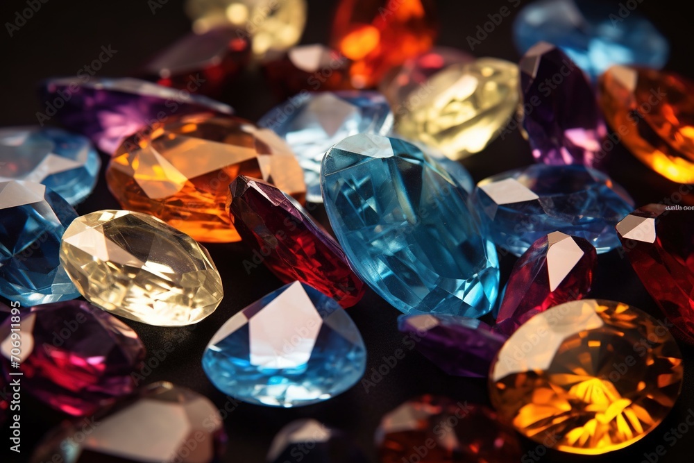 Jewel on black shine color, Collection of many different natural gemstones amethyst, lapis lazuli, rose quartz, citrine, ruby, amazonite, moonstone, labradorite, chalcedony, blue topaz Jewel on black shine color, Collection of many different natural gemstones amethyst, lapis lazuli, rose quartz, citrine, ruby, amazonite, moonstone, labradorite, chalcedony, blue topaz