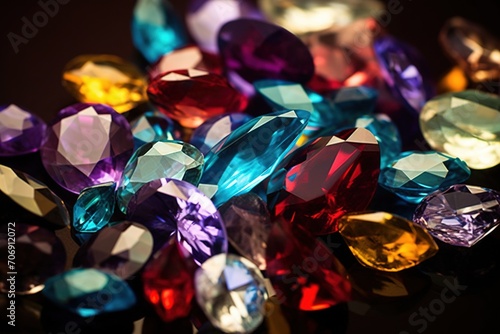 Jewel on black shine color, Collection of many different natural gemstones amethyst, lapis lazuli, rose quartz, citrine, ruby, amazonite, moonstone, labradorite, chalcedony, blue topaz