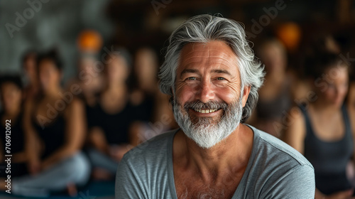 A gray-haired middle-aged man smiles confidently as he sits in a yoga class