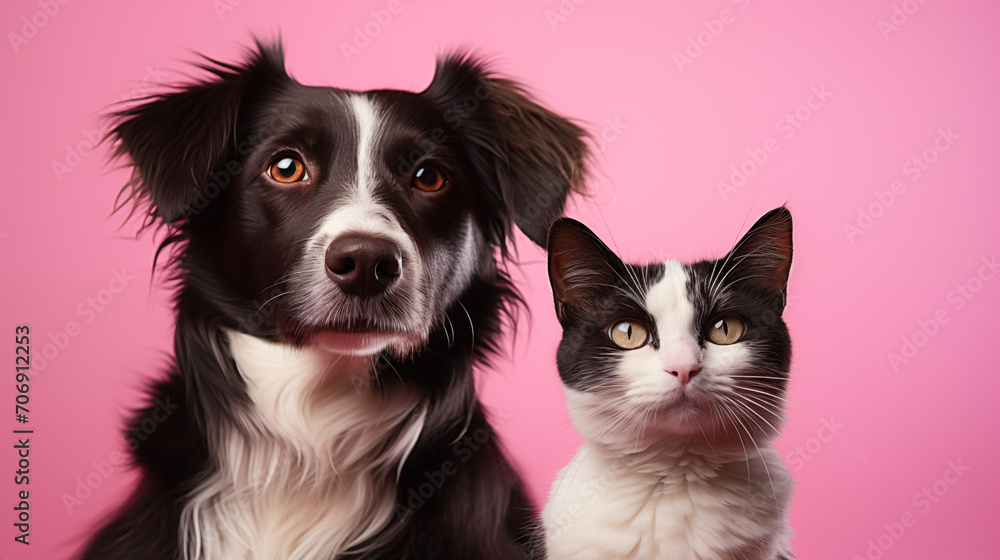 cute black and white dogs and cat on a pink background