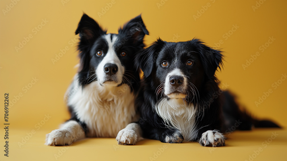 cute black and white dogs on a yellow background