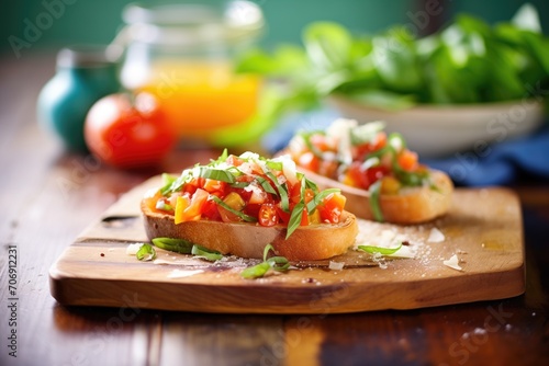 tomato bruschetta with garlic and basil on a rustic table