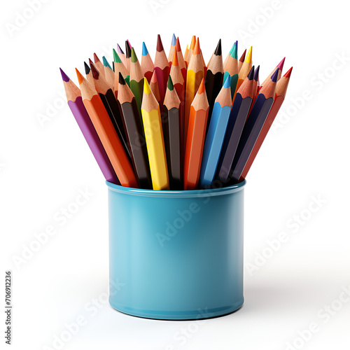 Set of multicoloured Pencils in holder isolated on white background, school stationary items