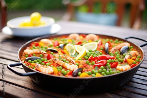 paella with seafood  peas and bell peppers in a cooking pan
