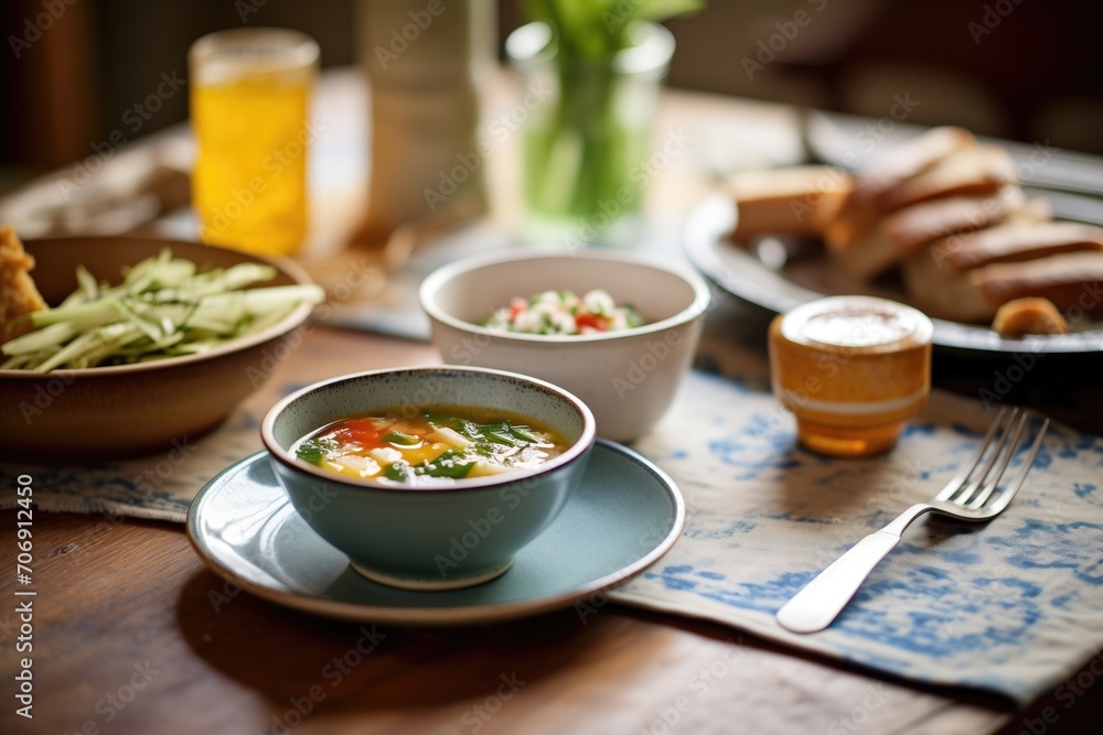 rustic table set with minestrone, bread, and olive oil rustic table set with minestrone, bread, and olive oil