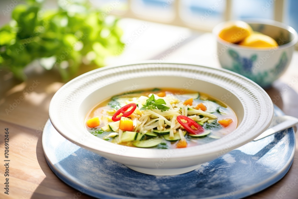 summer minestrone, zucchini and tomatoes, bright lighting summer minestrone, zucchini and tomatoes, bright lighting