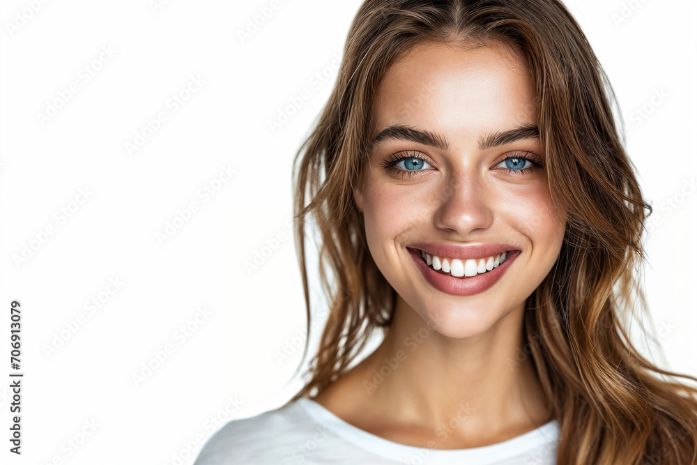 Eine lächelnde Frau mit dunkelblondem Haar, blauen Augen und vor weißem Hintergrund. Eine lächelnde Frau mit dunkelblondem Haar, blauen Augen und vor weißem Hintergrund.