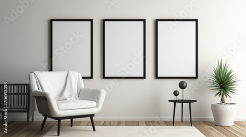 Realistic modern baby room  white with wall  black empty black frame