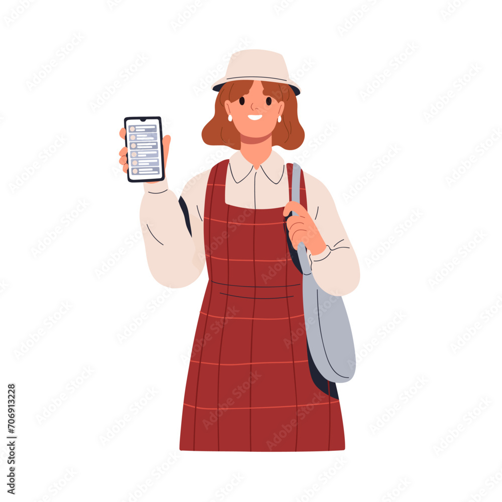 Woman showing mobile phone screen with many messages, notifications, reminders. Happy female character holding smartphone, cellphone. Flat graphic vector illustration isolated on white background