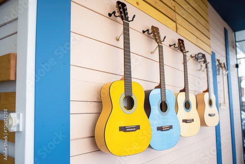 row of acoustic guitars hanging on a shop wall