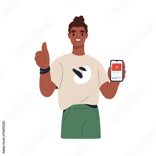 Happy black man with mobile phone, video app in hand. Guy showing smartphone screen, recommending, approving online channel with thumb up. Flat graphic vector illustration isolated on white background