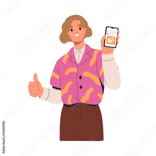 Woman showing smartphone screen, social media app. Happy female holding mobile phone in hand, recommending network post, liking online content. Flat vector illustration isolated on white background