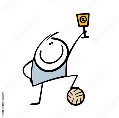 Team won the FIFA World Cup. Vector illustration of a proud athlete holding a gold cup, putting his foot on the ball. Sport game winner. Isolated hand drawn cartoon on white background.