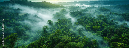 A green forest with fog photo