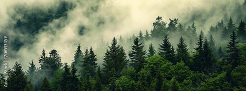 Un bosque frondoso verde con niebla photo