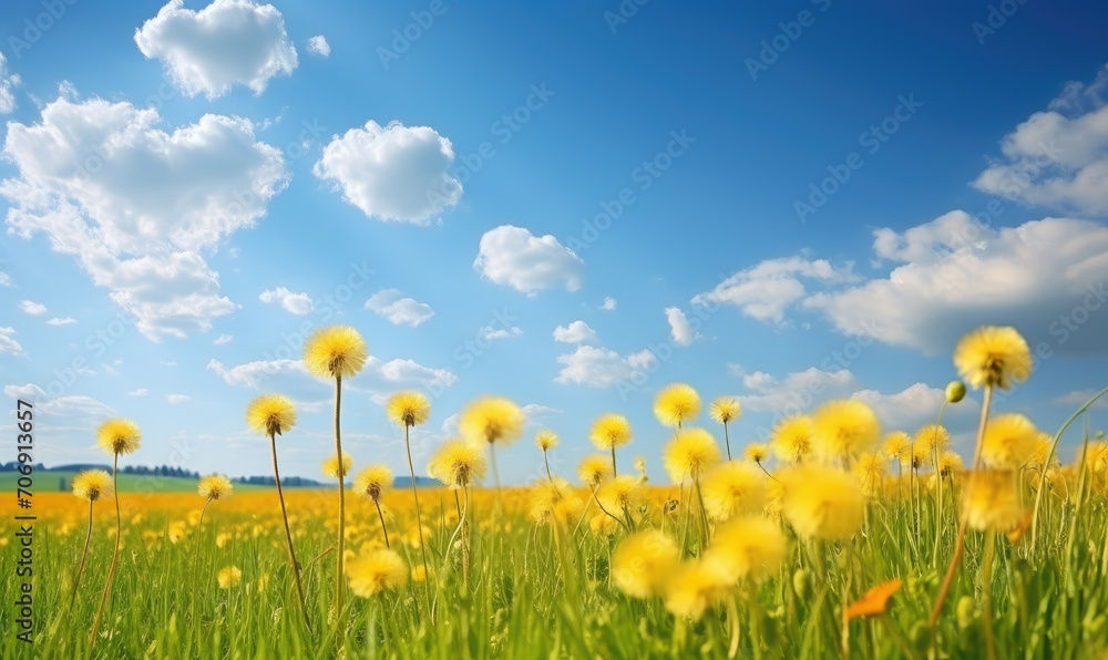 Vivid blue sky blankets a sea of grass adorned with cheerful yellow dandelions, nature's vibrant symphony in perfect harmony