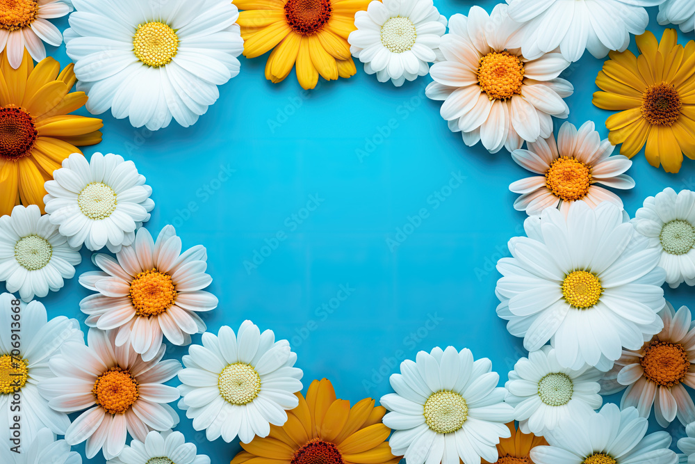 Flowers Blooming hues dance on a tranquil blue canvas, whispers of petals in light amber and sky-blue, framing a serene haven with room for your dreams Flowers Blooming hues dance on a tranquil blue canvas, whispers of petals in light amber and sky-blue, framing a serene haven with room for your dreams