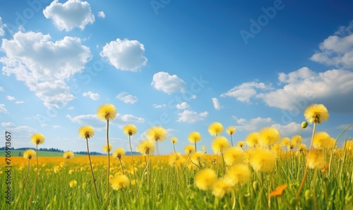 Vivid blue sky blankets a sea of grass adorned with cheerful yellow dandelions  nature s vibrant symphony in perfect harmony