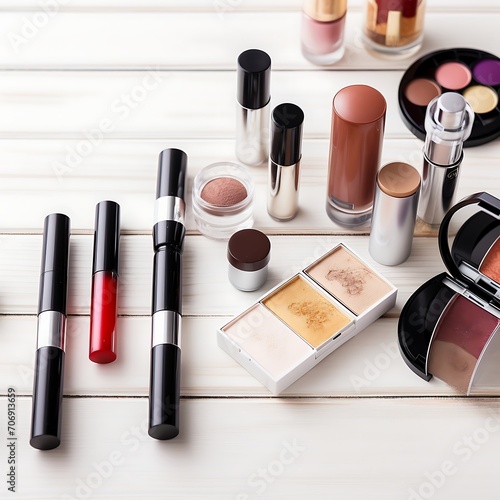 Cosmetics and makeup products on a table in a beauty salon.