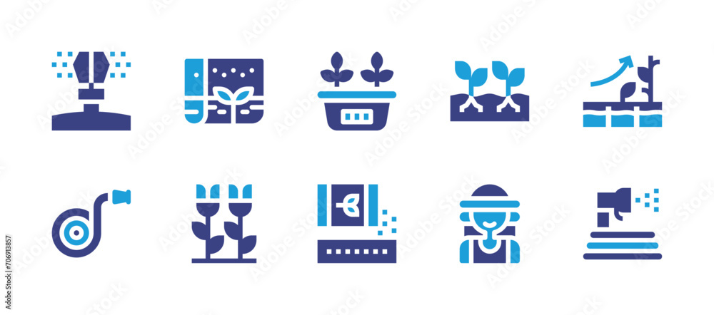 Gardening icon set. Duotone color. Vector illustration. Containing hydroponic gardening, farming and gardening, gardener, garden, plant pot, planting, sprinkler, plant, hose, water hose.