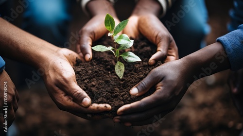 Sustainable Eco-Awareness. Hands Nurturing Growth of Small Plant in Rich  Fertile Soil