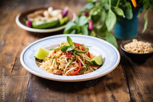 pad thai noodles with lime and side of thai basil