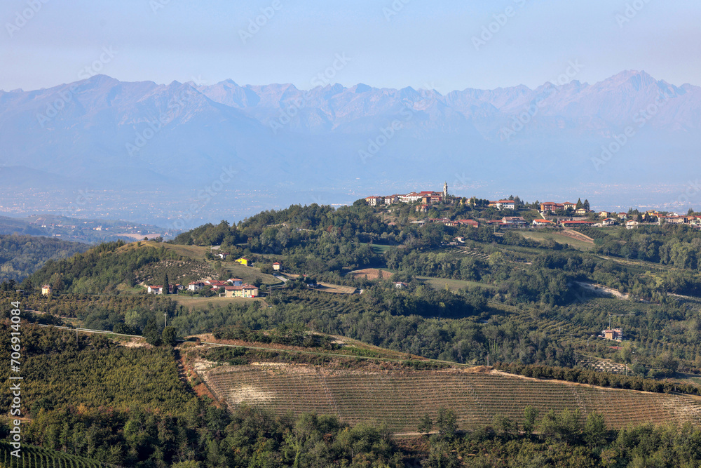 View of the Langhe-Roero hills in Piedmont with the Alps in the background. Italy
