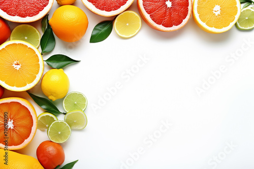 Citrus Symphony  Colorful Array of Oranges  Red Grapefruits  and Green Limes on a Clean White Background - A Vibrant Expression of Healthy Nutrition  Space for Your Text