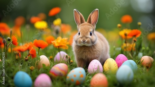 A cute Easter bunny with colorful eggs in a blooming field. Nature  holiday  spring concepts.