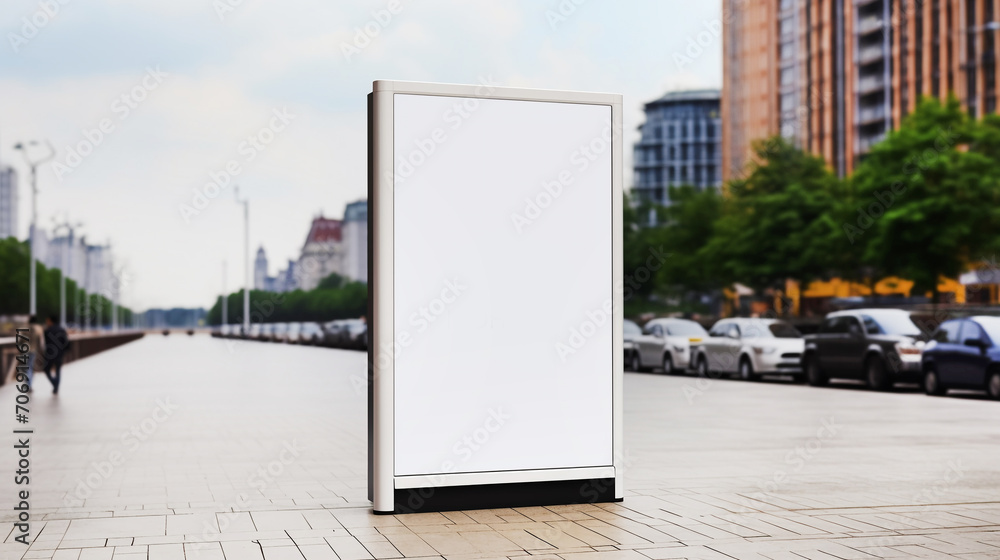 Blank billboard mock up in a public area of city like a street, park, road. Urban light box inside advertisement . Blank billboard mock up in a public area of city like a street, park, road. Urban light box inside advertisement .