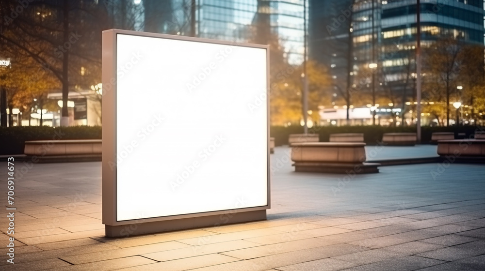 Blank billboard mock up in a public area of city like a street, park, road. Urban light box inside advertisement . Blank billboard mock up in a public area of city like a street, park, road. Urban light box inside advertisement .