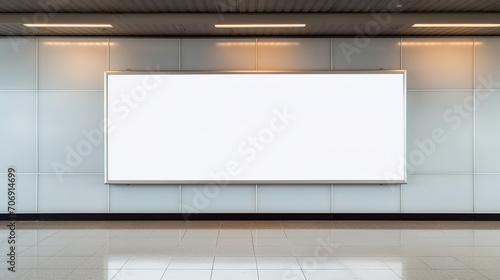 Blank billboard mock up in a public area like subway station, underground. Urban light box inside advertisement metro airport . © lelechka