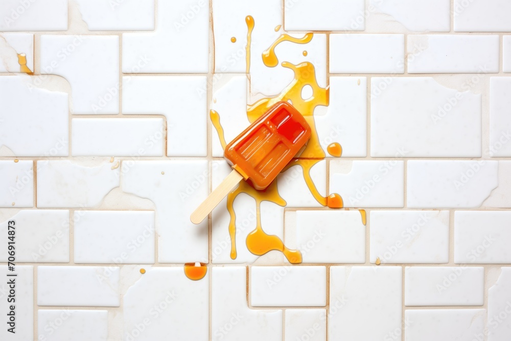 orange popsicle with juice dripping on white tile