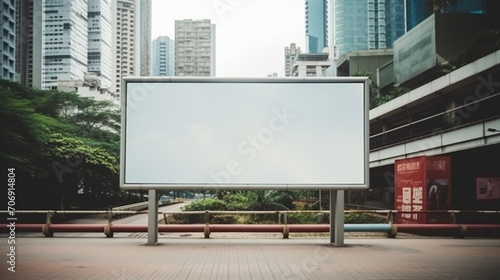 Blank billboard mock up in a public area of city like a street, park, road. Urban light box inside advertisement . © lelechka