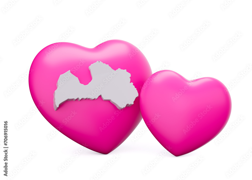 3d Shiny Pink Hearts With 3d White Map Of Latvia Isolated On White Background, 3d illustration 3d Shiny Pink Hearts With 3d White Map Of Latvia Isolated On White Background, 3d illustration