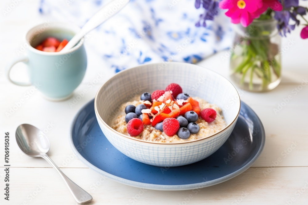 bowl of oat porridge topped with fresh raspberries and blueberries bowl of oat porridge topped with fresh raspberries and blueberries