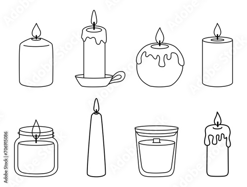 Doodle hand draw candle set. Cozy home decor. Burning aroma candle in jar, candlestick.