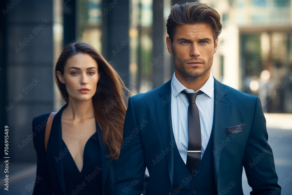 Business partners in an urban setting on their way to office . Businessman and businesswoman outside Business partners in an urban setting on their way to office . Businessman and businesswoman outside