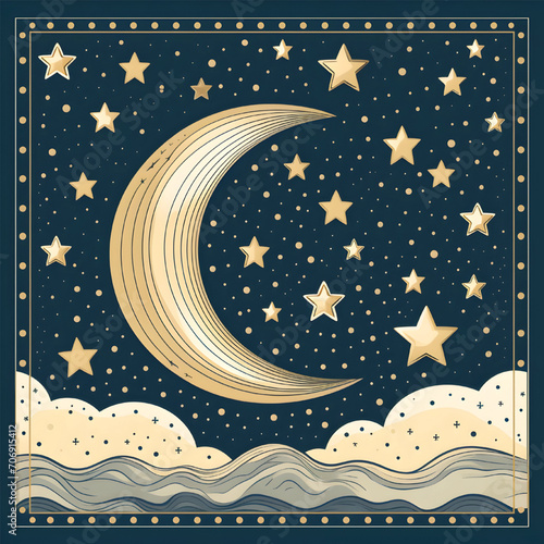 A moon and star pattern in naive style illustation 