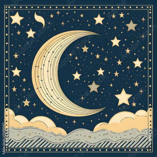 A moon and star pattern in naive style illustation 